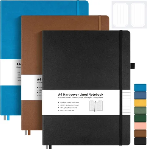 Paquete de 3 cuadernos con rayas universitarias, cuaderno de cuero de tapa dura A4 para trabajo, cuaderno rayado diario para mujeres, hombres, 192
