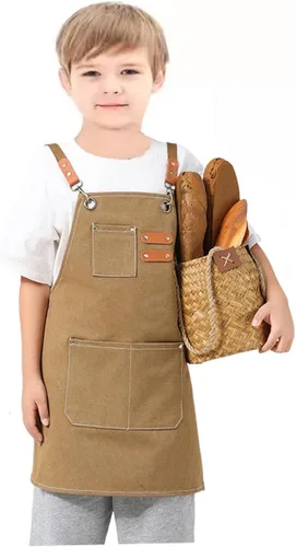 Delantales ajustables para niños, herramienta impermeable para cocinar, pintura, jardinero, lienzo delantal para niñas y niños de 6 a 12 años Marrón