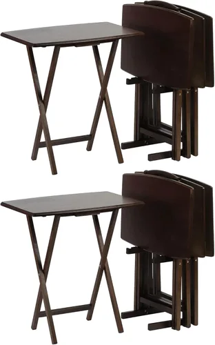 PJ Wood Juego de 5 piezas, 4 mesas plegables de madera para TV con estante de almacenamiento, nogal