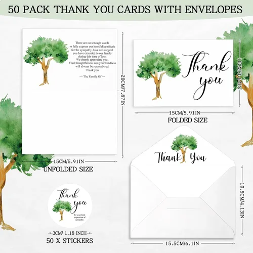 Miniatura 2 de Fumete Juego de 50 tarjetas de agradecimiento funerarias con sobres y calcomanías, tarjetas de agradecimiento de condolencias con mensaje