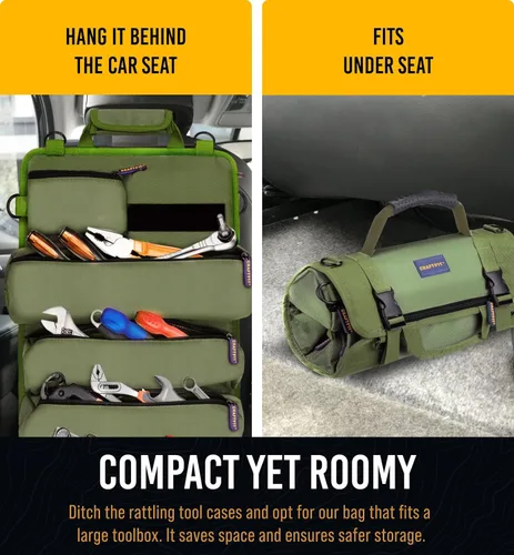 Miniatura 7 de CRAFT911 Organizadores de bolsas de herramientas duraderas con 6 bolsas de herramientas desmontables, bolsa enrollable pequeña Organizador de Verde