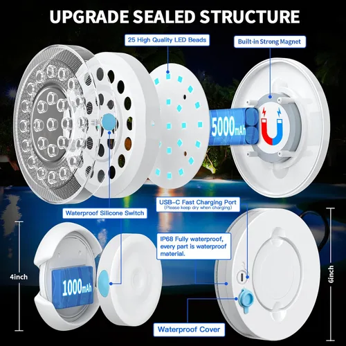 Miniatura 4 de Luz de piscina, 6 pulgadas, 25 LED RGB sumergible luz flotante Bluetooth APP Control, 4000mAh Rechargeable, IP68 Waterproof, Magnetic Mount, Above
