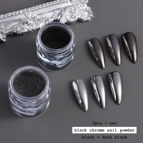Miniatura 2 de Polvo de uñas cromado negro, 2 piezas de efecto espejo metálico negro para uñas, polvo extrafino con purpurina oscura, polvo para frotar, polvo