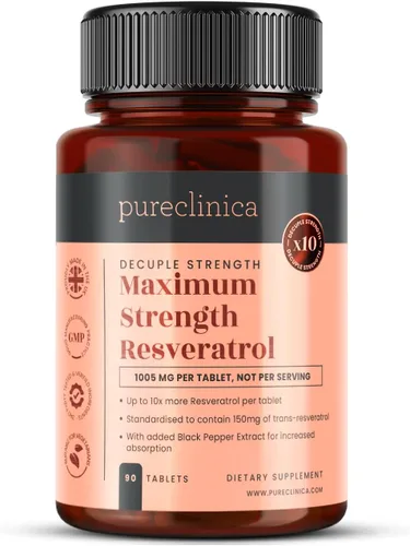 pureclinica 1000 mg de resveratrol x 90 tabletas (suministro de 3 meses). 10 veces de fuerza con extracto de pimienta negra para una absorción más