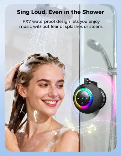 Miniatura 2 de Altavoz de ducha Bluetooth impermeable IPX7: ventosa extraíble con bloqueo de vacío, sonido envolvente de 360°, luces RGB, altavoz inalámbrico Negro