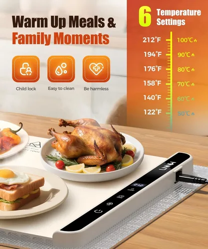 Miniatura 3 de Alfombrilla de calentamiento para alimentos, 6 ajustes de temperatura y 6 temporizadores, platos para bufé, reuniones, fiestas, uso diario Blanco