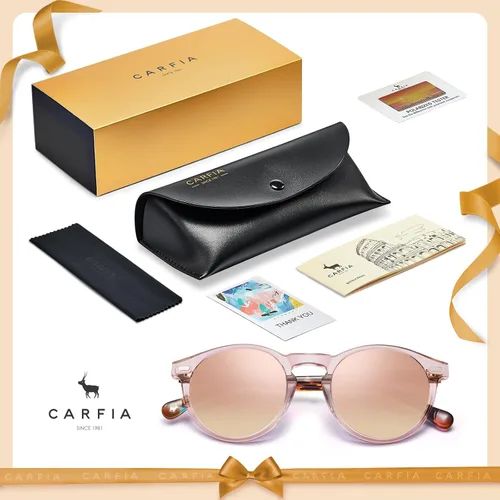 Miniatura 56 de CARFIA Gafas de sol polarizadas de acetato redondo para mujer, protección UV de cara pequeña con funda de cuero CA5288