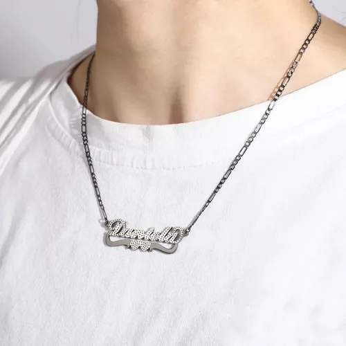 Miniatura 7 de Drawelry Collar con nombre personalizado de dos tonos con placa de oro de 18 quilates, chapado en doble corazón, placa con dije de placa de nombre