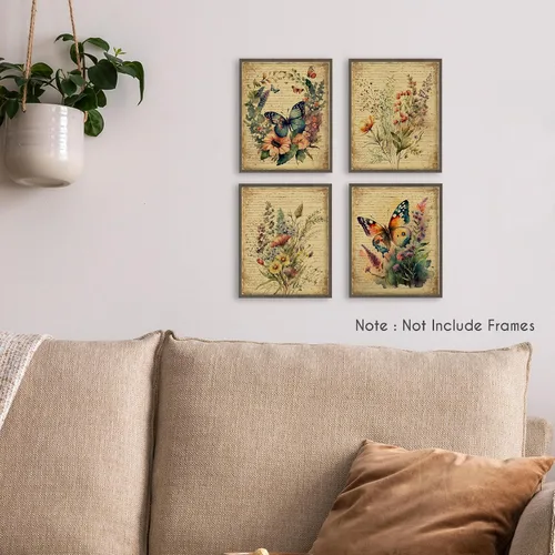 Miniatura 6 de HRQKO Juego de 4 pósteres de arte de pared de mariposa floral vintage, arte de pared floral, arte de pared retro, póster de impresión de mariposas