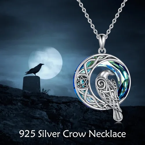 Miniatura 6 de ONEFINITY Collar de cuervo de cristal de plata de ley vikingo celta cuervo colgante de cuervo de luna creciente amuleto de pentagrama joyería