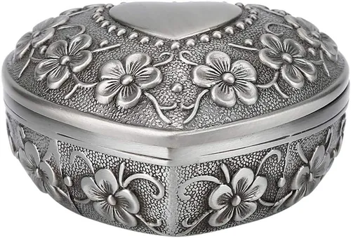 Pequeña caja de anillo con forma de corazón antiguo vintage, organizador de almacenamiento de joyas, plata