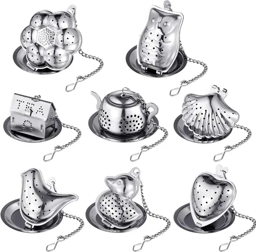 Miniatura 7 de Vesici Juego de 10 infusores de té de hojas sueltas de acero inoxidable para soporte de té suelto, filtro de té con bola de infusor, incluye ganchos