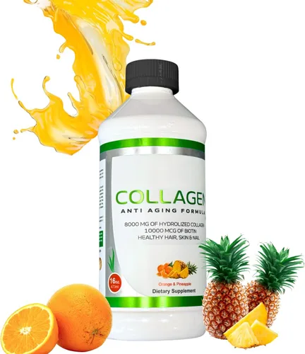 Colágeno líquido para mujeres y hombres, con sabor a Pine'O'Range de grado prémium de 10000 mcg de biotina + 8000 mg de colágeno hidrolizado para un