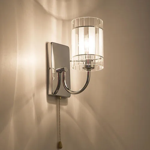 Miniatura 2 de Aplique de pared de vidrio transparente con interruptor de cadena de tracción, lámpara de tocador de baño cromada, cilíndrica, moderna, de mediados