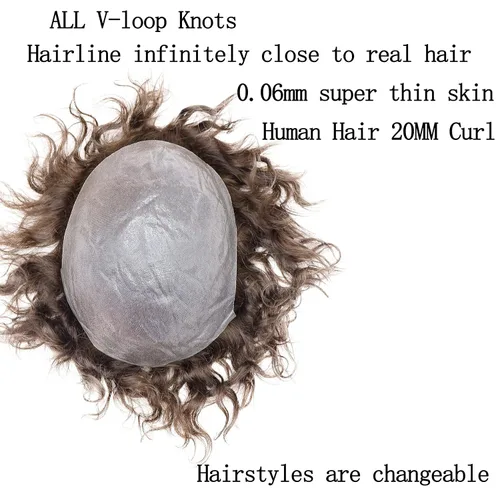 Miniatura 5 de Rizado Hombres Toupee - Sistemas de reemplazo de cabello humano para hombres, postizo de 0.787 in, rizado con bucle en V, pelucas de poliuretano