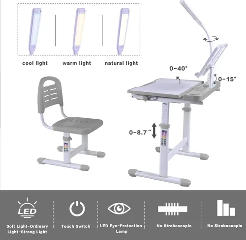 Miniatura 5 de Juego de escritorio y silla de arte para niños, mesa de dibujo de altura ajustable con inclinación de 40 grados, luz LED, soporte para libros