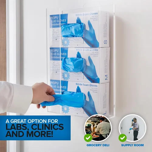 Miniatura 7 de Stock Your Home Dispensador de guantes acrílicos triple, estante para caja de pañuelos, soporte de pared para guantes, para cocina, armario