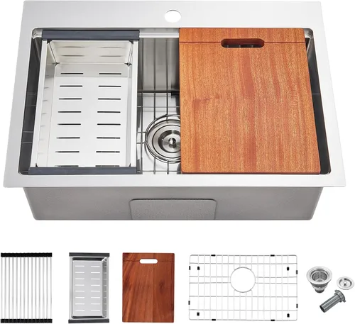 MTT502318UG - Fregadero de cocina de 23 pulgadas, calibre 18 de acero inoxidable, montaje superior, orificio para grifo único, repisa de un solo