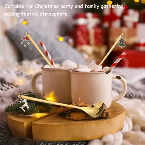 Miniatura 5 de AKOAK 6 unids/set de cuchara de acero inoxidable de Navidad Set creativo café chapado en oro, cuchara de postre cuchara mezcladora de cocina casera