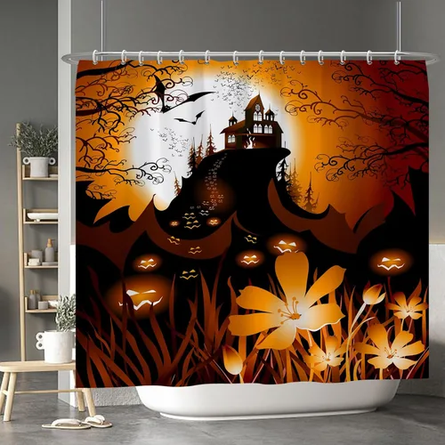 Miniatura 111 de Cortina de ducha de fantasma y gato negro para niños, 36 x 72 pulgadas, espeluznante y bonita, cortina de baño de Halloween con 6 ganchos, cortina