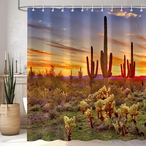 Cortina de ducha de saguaros americanos, paisaje occidental, puesta de sol, cactus del desierto, cortinas de baño, escena natural, impermeable,