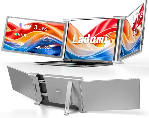 Extensión de pantalla para laptop, Ladomi - Monitor portátil triple de 14" FHD 1080P IPS, extensión de monitor para laptop con rotación de 315°,