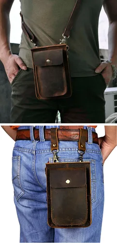 Miniatura 7 de Le'aokuu Riñonera de cuero genuino para hombre, 021 A1 Marrón Oscuro