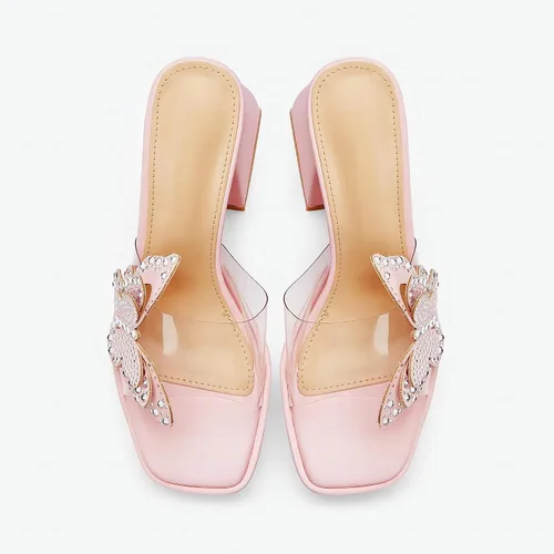 Miniatura 4 de NEWBELLA Sandalias de tacón alto de mariposa con diamantes de imitación, tacones gruesos con punta cuadrada abierta, pantuflas de verano sin