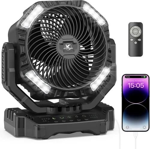 Miniatura 10 de KITWLEMEN - Ventilador de campamento alimentado por batería de 20 000 mAh, refrigeración máxima de 58 horas, 4 velocidades, luz brillante y gancho