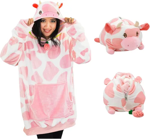 Miniatura 7 de Plushible Manta con Capucha Portátil, Sudadera con Capucha de Gran Tamaño de 2 en 1, Bolsillo de Manga Larga, Regalo Acogedor para las Fiestas, Palta