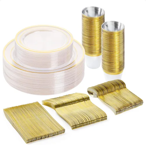 Miniatura 10 de BESTVIP Juego de vajilla de 300 piezas de oro negro para 50 invitados, platos de plástico para fiesta de Halloween y Navidad, 50 platos desechables