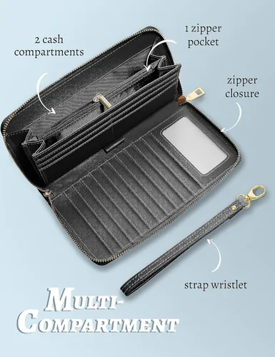 Miniatura 5 de Cartera para mujer con tarjetero para tarjetas de crédito, bolsillos para dinero, correa de pulsera, monedero con bloqueo RFID, gran capacidad