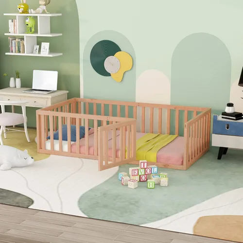 MERITLINE Base de cama de tamaño individual para niños, cama de madera para niños con valla, cama Montessori con puerta, para niños mayores de 6