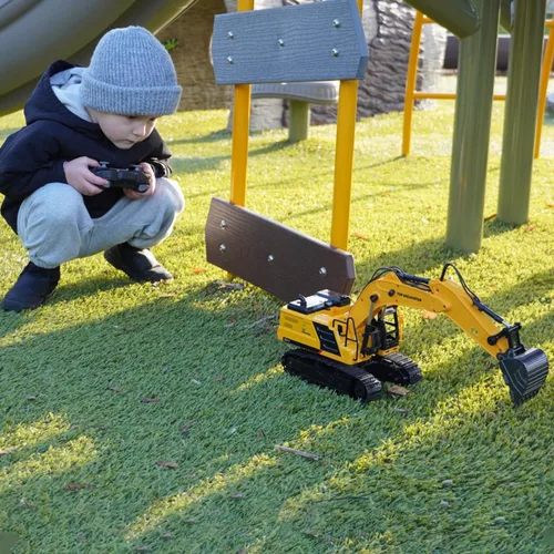 Miniatura 9 de Juguete de excavadora RC de metal 1:18 para niños Vehículo de construcción de control remoto de 11 canales con rociador de agua, luces y sonidos