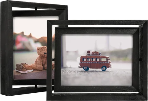 Miniatura 9 de Egofine - Paquete de 2 marcos de fotos giratorios flotantes de 4 x 6 pulgadas, exhibición doble cara con frente de vidrio HD, marco de madera