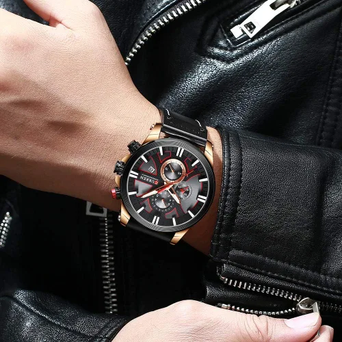 Miniatura 2 de CURREN Relojes de lujo para hombre, cronógrafo de lujo, esfera grande, reloj de pulsera de cuero, impermeable, deportivo, militar, militar, Negro
