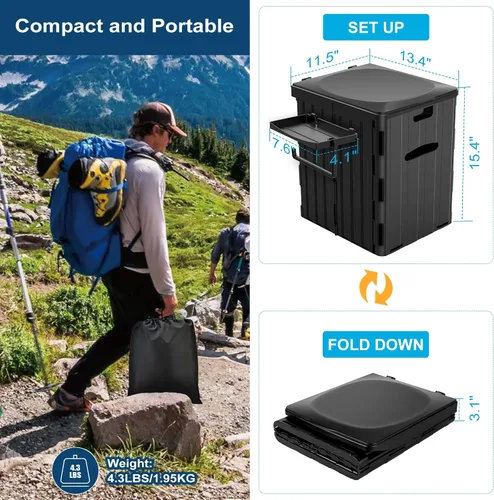 Miniatura 6 de Inodoro portátil XL para adultos, extra grande de 15.4"H plegable para acampar con estante desmontable para teléfono y soporte para papel