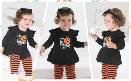 Miniatura 4 de Noubeau My 1st Halloween Baby Girl Outfits Ruffle Pumpkin Print Túnica Drees Camisa Pantalones Rayas Legging Otoño Invierno Ropa