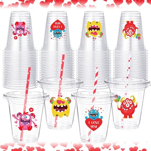 Eaasty Juego de 20 vasos de plástico para el día de San Valentín con tapa y pajitas, 12 onzas, transparentes, desechables, tazas de monstruo de San