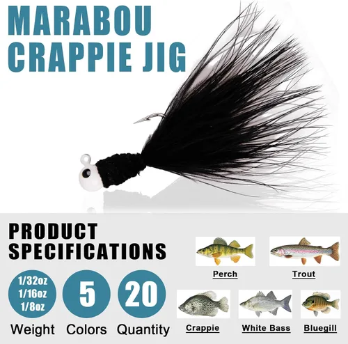 Miniatura 4 de Crappie Jigs Marabou - Señuelo de pesca con plumas de marabú, gancho para pesca de lubina, anzuelo, trucha, lucioperca, panfish 1/8 onzas, 1/16
