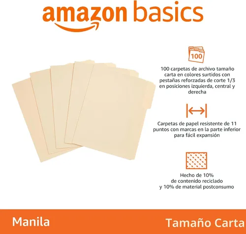Miniatura 2 de Amazon Basics - Carpetas de archivo con pestañas para archivar, pestaña de corte a 1/3, posiciones surtidas, 8.5x11 pulgadas, tamaño carta, manila