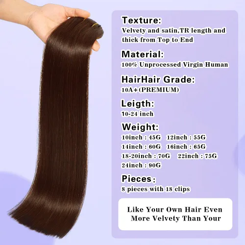 Miniatura 4 de Extensiones de cabello humano real con pinzas, 8 piezas, extensiones de cabello humano 100% Remy virgen con clip, extensiones de cabello humano liso