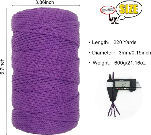 Miniatura 2 de Cuerda de algodón de 0.118 in, cuerda de 220 yardas, cuerda de macramé de algodón 100% natural para colgar plantas, colgar en la pared, decoración