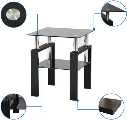 Miniatura 6 de Meihua Mesa auxiliar de vidrio para espacios pequeños, mesa auxiliar cuadrada de vidrio, mesita de noche moderna de 2 niveles con patas de metal