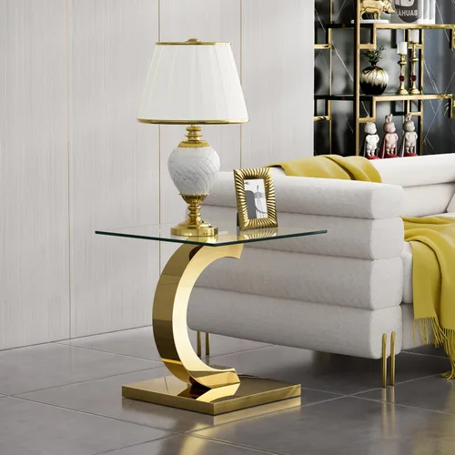 Miniatura 163 de Mesa de centro de cristal de lujo, mesa de centro de sofá de 47 pulgadas con marco de acero inoxidable dorado y parte superior de vidrio negro, mesa