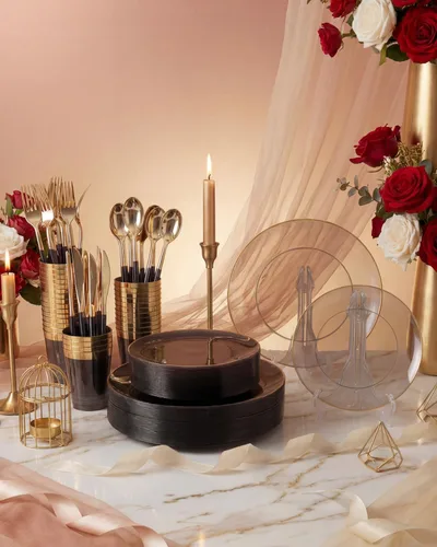 Miniatura 7 de Supernal Juego de vajilla de plástico negro y dorado de 180 piezas para 30 invitados, elegantes platos desechables con cubiertos y tazas de plástico