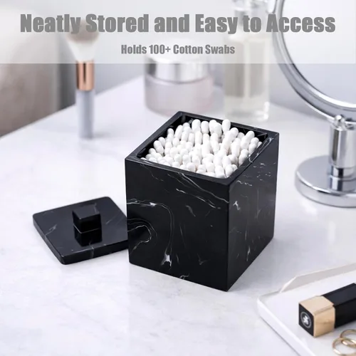 Miniatura 4 de Qtip Soporte para baño con tapa, organizador cuadrado de hisopos de algodón, dispensador de bolas de algodón, contenedor de almohadilla de Negro