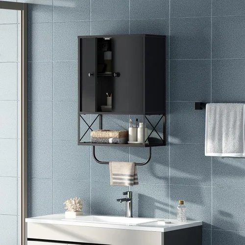 Miniatura 5 de MAHANCRIS Armario de pared de baño con 2 puertas y estante ajustable, botiquín de granja con toallero, armario de almacenamiento montado en la pared