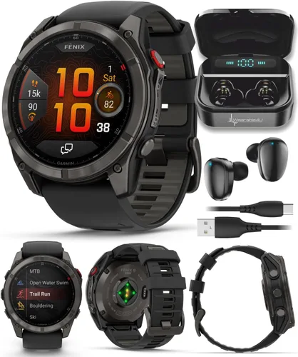 Miniatura 27 de Garmin Fenix 8 – 2 pulgadas, reloj inteligente multideporte GPS AMOLED, zafiro, titanio con banda de silicona naranja brillante/grafito, linterna