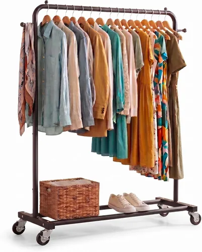 Sywhitta - Perchero de ropa con ruedas y estante de almacenamiento y marco de metal resistente, perchero de ropa minorista para colgar ropa,